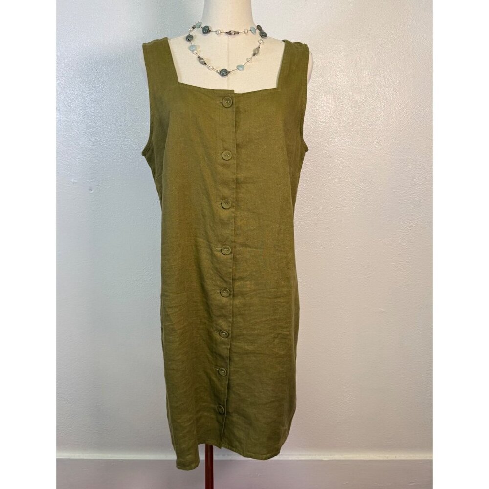 Garnet Hill Womens Green 100% Linen Button-Front Sleeveless Dress 10 Nautical